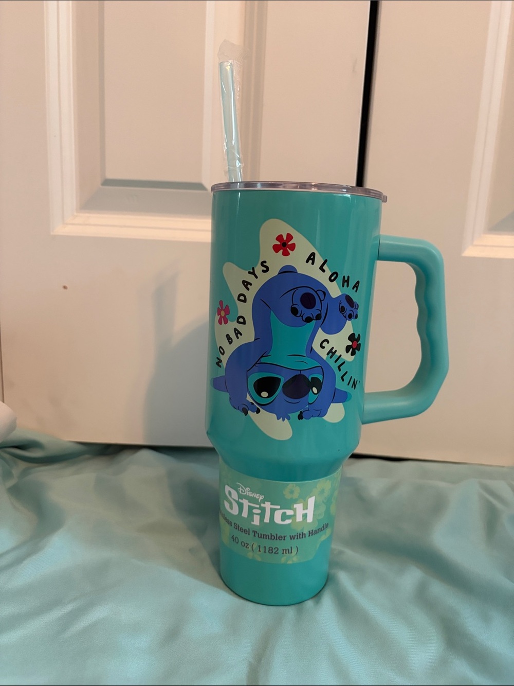 Disney Teal Stitch Graphic Travel Mug with Handle